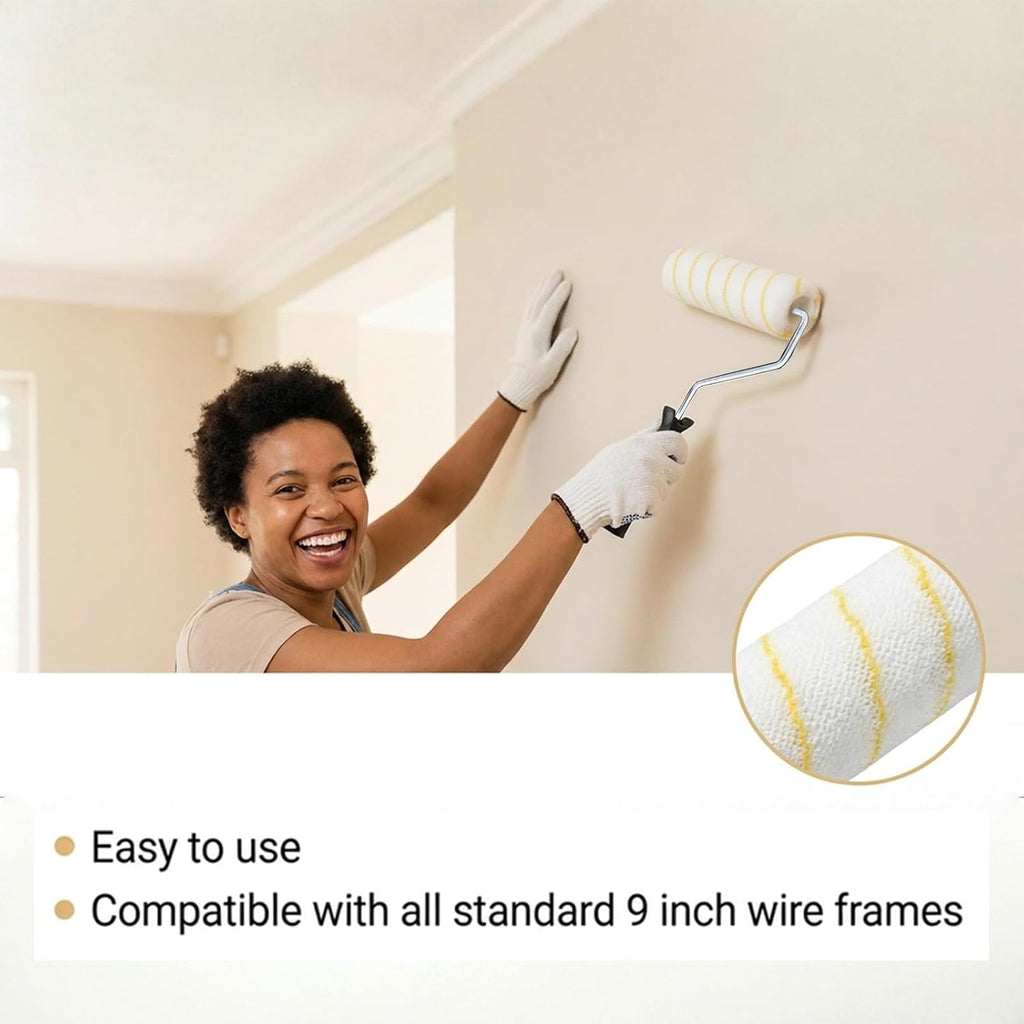 60 Pcs 9 x 1/2 Paint Roller Covers with 1 Matching Handle Yellow Stripe High Nap Capacity Microfiber Roller Covers for All Surfaces, Home Repair Tools and Brush Frame House Painting Supplies