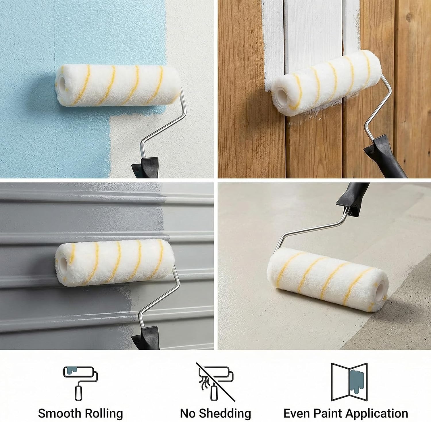 60 Pcs 9 x 1/2 Paint Roller Covers with 1 Matching Handle Yellow Stripe High Nap Capacity Microfiber Roller Covers for All Surfaces, Home Repair Tools and Brush Frame House Painting Supplies
