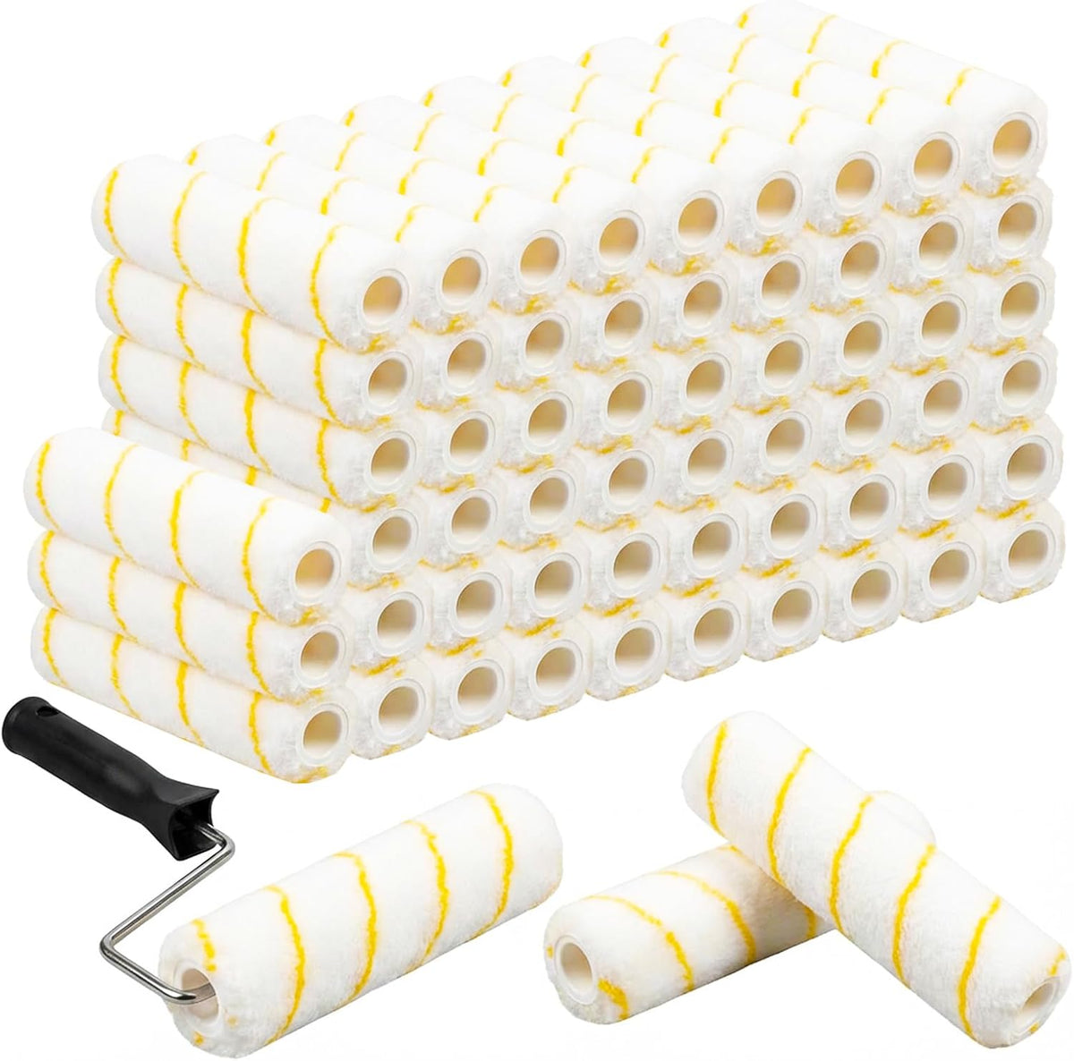 60 Pcs 9 x 1/2 Paint Roller Covers with 1 Matching Handle Yellow Stripe High Nap Capacity Microfiber Roller Covers for All Surfaces, Home Repair Tools and Brush Frame House Painting Supplies